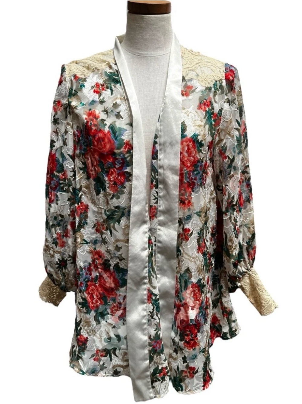 Victoria's Secret Cream Floral Lace Open-Front Kimono with Red & Green Blooms